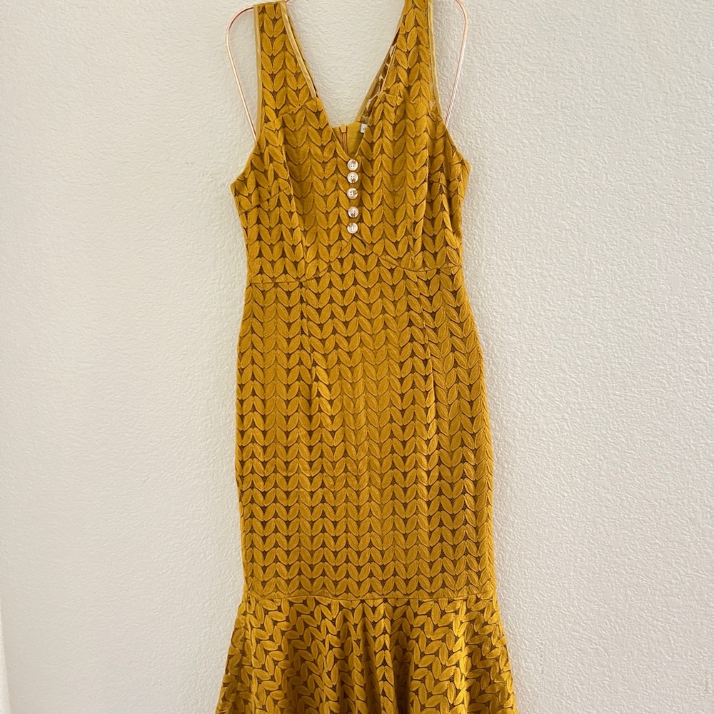 Chocolate Yellow Gold Sheath Midi Dress V-neck Cocktail